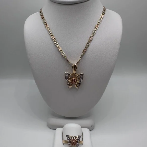 Tri-Color Gold Butterfly Necklace & Ring Set -14K